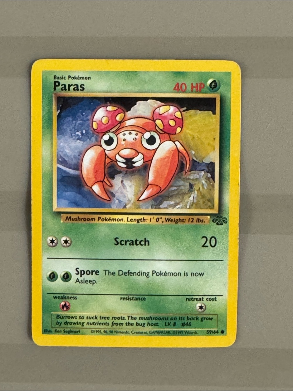 Pokemon Paras Card - Yellow Border with Green Panel and Orange Art